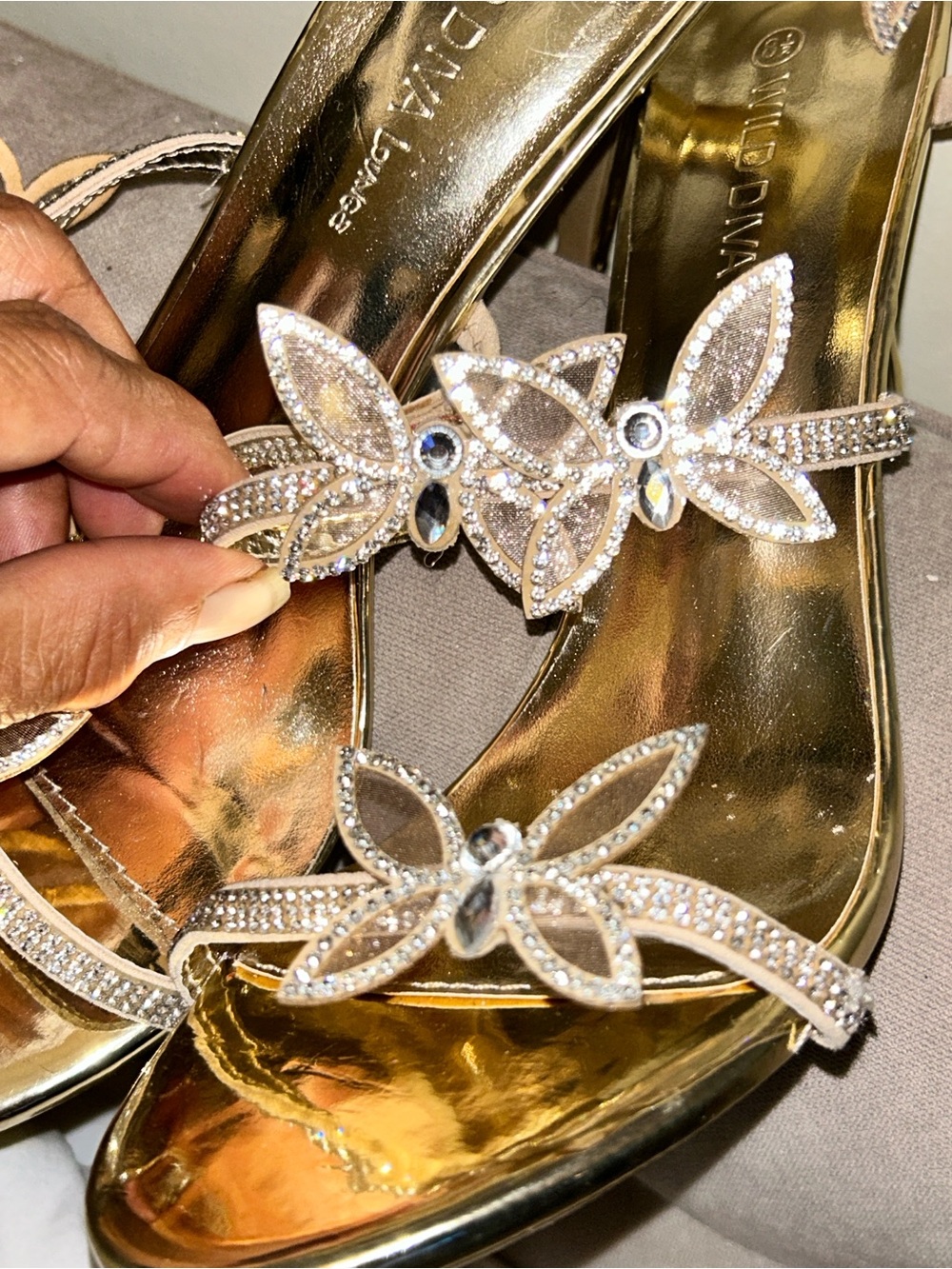 Wild Diva Gold Crystal Floral Heels